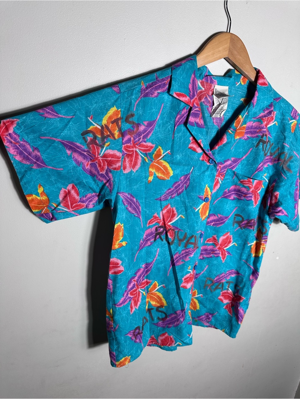 Vintage Turquoise Floral Short-Sleeve Camp Hawaiian Shirt - Picture 4 of 6